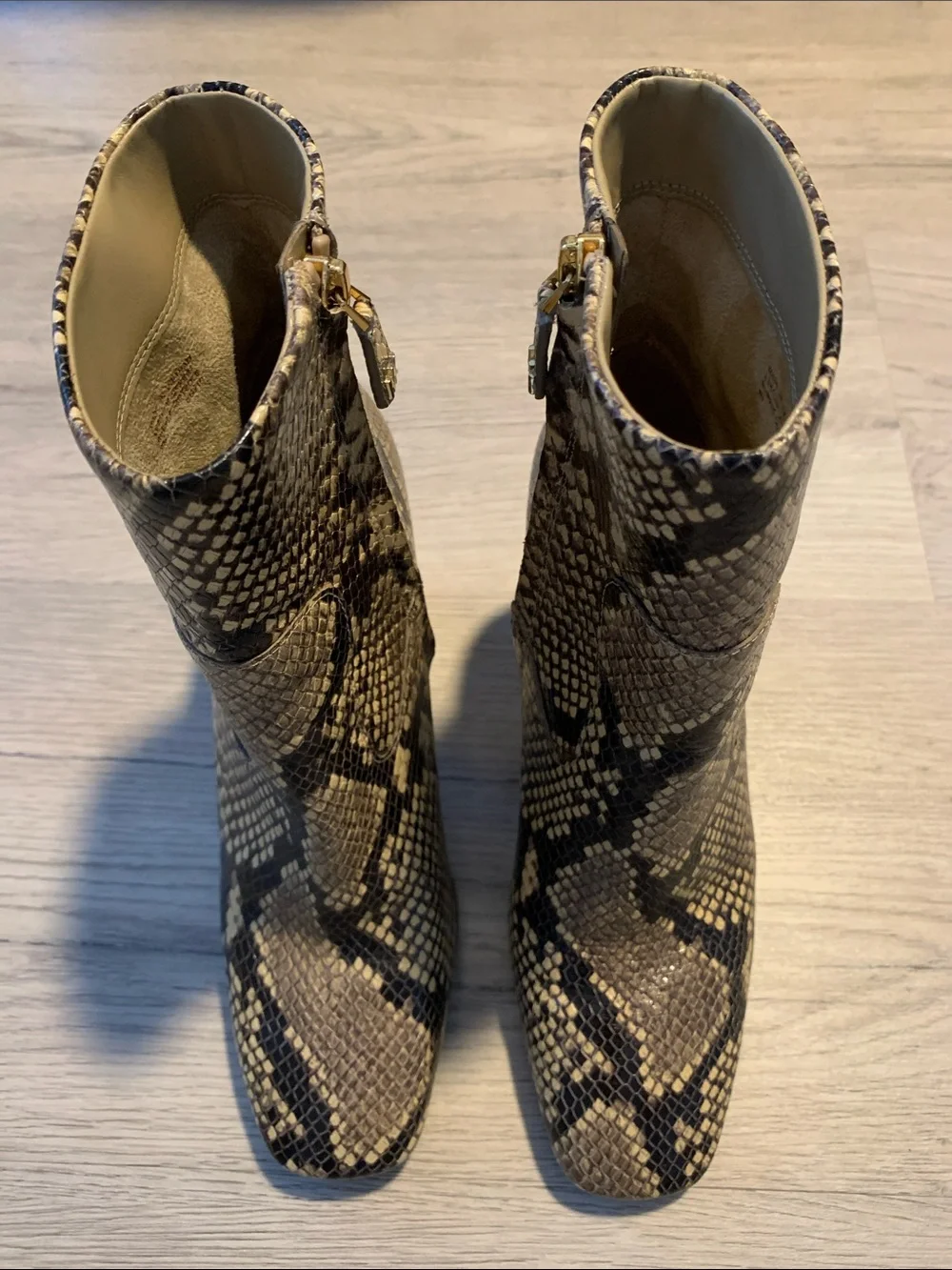 Michael Kors Beige and Black Snake-Print Block Heel Ankle Boots size 8